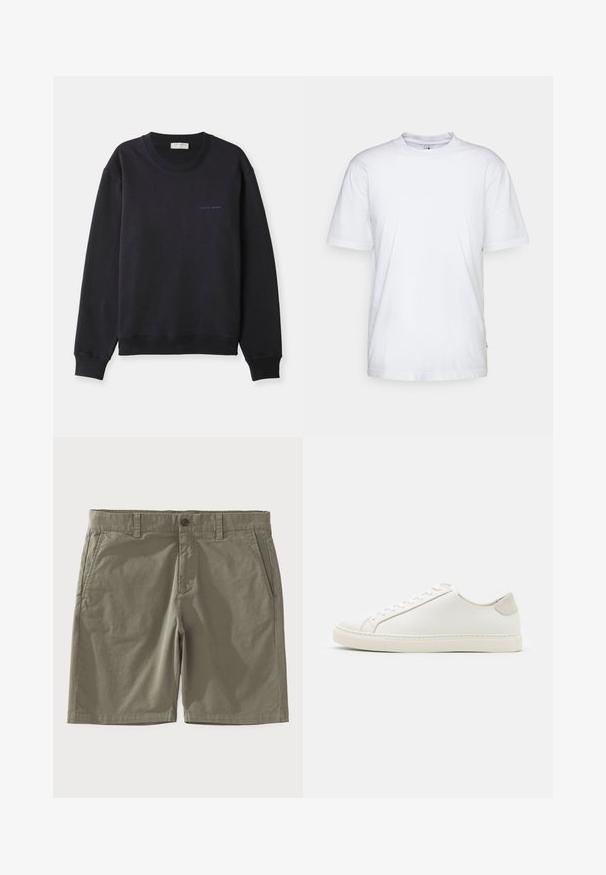 Sweatshirt bleu marine en coton doux, avec un col rond, des manches longues et un petit logo "Tiger of Sweden" en bleu contrastant.; T-shirt en coton blanc avec un col rond, des manches courtes et un ourlet droit. Présente une petite étiquette de marque sur la couture latérale gauche.; Shorts verts olive en tissu mélangé de coton, dotés d'une fermeture à bouton, de passants de ceinture et de deux poches latérales avec une texture lisse.; Baskets en cuir blanc avec une surface lisse, bout rond et design minimaliste. Présentent des accents beiges sur le talon et une semelle en caoutchouc.