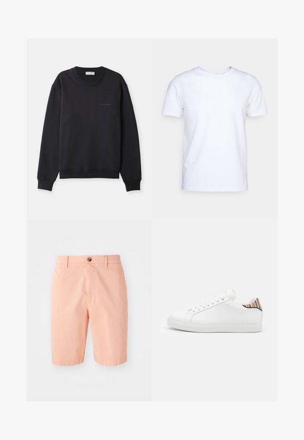 Navyblauer Sweatshirt aus weichem Baumwollstoff, mit Rundhalsausschnitt, langen Ärmeln und einem kleinen, kontrastierenden blauen "Tiger of Sweden"-Logo.; Weißes T-Shirt mit kurzen Ärmeln aus Baumwollstoff und rundem Halsausschnitt. Schlichtes Design ohne Muster oder Akzente. Glatte Textur.; Pfirsichfarbene Shorts aus leichtem Material, mit klassischem Design, vorderem Knopfverschluss und Seitentaschen.; Weiße Ledersneaker mit glatter Oberfläche, ausgestattet mit einem bunten gestreiften Akzent an der Ferse, goldener Öse und flacher weißer Sole.