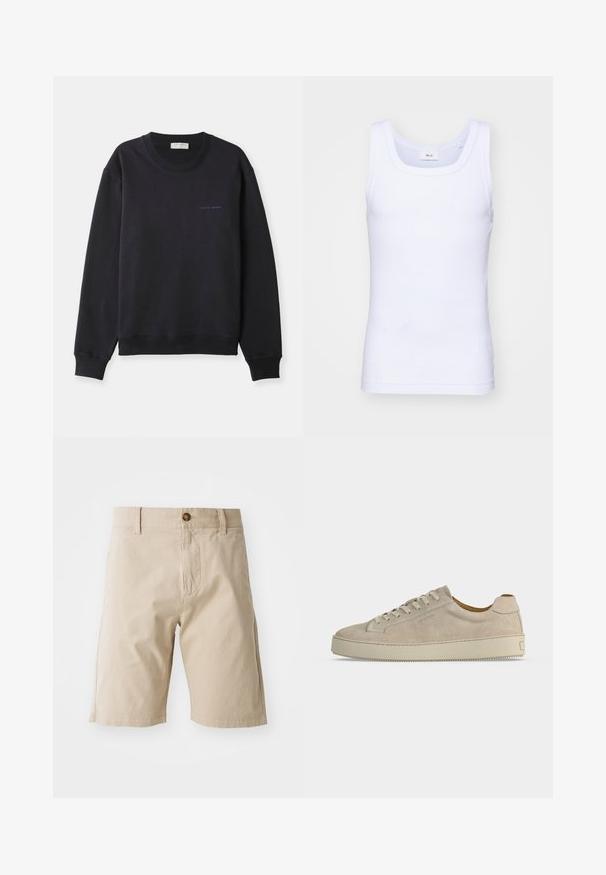 Sweatshirt bleu marine en coton doux, avec un col rond, des manches longues et un petit logo "Tiger of Sweden" en bleu contrastant.; Débardeur sans manches en coton blanc avec un col rond, présentant une texture lisse et une coupe ajustée, conçu pour un usage décontracté.; Shorts en coton beige avec fermeture à bouton, passants de ceinture et poches latérales ; texture lisse et silhouette droite.; Baskets basses beiges en daim avec fermeture lacée et semelle épaisse en caoutchouc, vues de profil sur fond blanc uni.