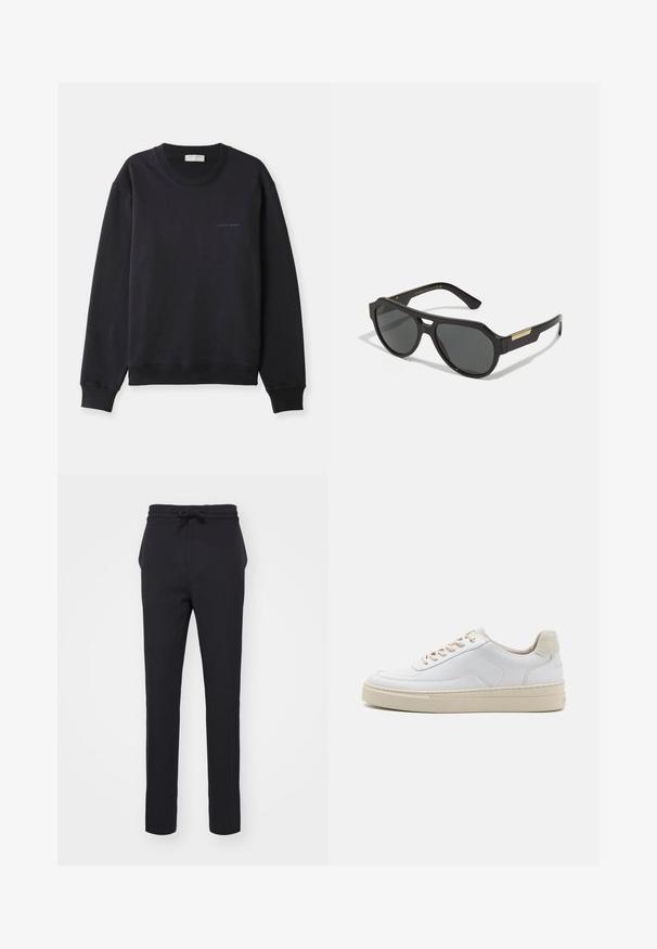 Sweatshirt bleu marine en coton doux, avec un col rond, des manches longues et un petit logo "Tiger of Sweden" en bleu contrastant.; Pantalons noirs fuselés en tissu doux. Dotés d'une taille à cordon de serrage et de poches latérales avec une texture lisse.; Sneaker blanche avec un dessus en cuir lisse, des lacets beige et un onglet de talon en daim beige texturé. Semelle surélevée pour une hauteur supplémentaire.; Lunettes de soleil noires avec une monture géométrique, des verres teintés et des accents dorés sur les tempes. Matériau en plastique lisse avec une finition mate.