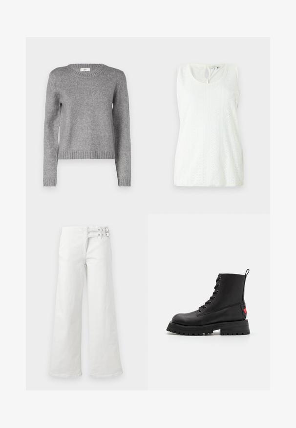 Pull en tricot gris avec un col rond et des manches longues. Présente un ourlet et des poignets côtelés ; texture douce, parfaite pour le superposition.; Haut sans manches blanc avec un col rond, en tissu texturé avec des œillets décoratifs, et un petit détail en forme de clé à l'arrière.; Pantalon blanc à jambes larges avec taille haute, détail double boucle sur le côté droit, couture avant et fermeture éclair.; Bottines en cuir noir avec un bout arrondi, un laçage à l'avant et une semelle en caoutchouc épaisse. Présente un accent logo rouge sur le talon.