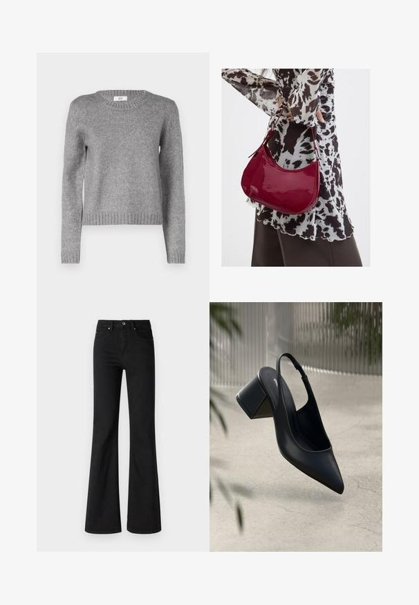 Pull en tricot gris avec un col rond et des manches longues. Présente un ourlet et des poignets côtelés ; texture douce, parfaite pour le superposition.; Jeans évasés noirs en denim avec une taille haute, comportant cinq poches, une fermeture à bouton à l'avant et une fermeture éclair, texture lisse.; Escarpin noir en cuir avec un bout pointu et un talon bloc. Texture lisse, design minimaliste et bride de cheville réglable.; Femme portant un chemisier à motif noir et blanc tenant un sac à main rouge brillant sur un fond uni.