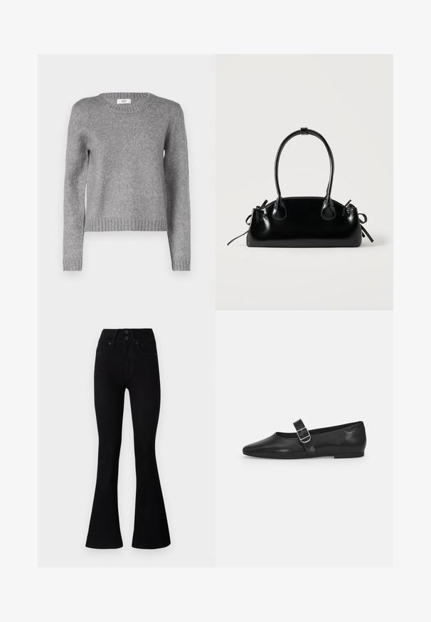 Hallitus hall värviga kudum, millel on ümmargune kaelus ja pikad varrukad. Omab soonikserva ja varrukaotsi; pehme tekstuur, ideaalne kihina kandmiseks.; Pepe Jeans FLARE CONTOUR - Alt laienevad teksad - black denim; Must värvi nahast tasased kingad ümarate varvastega, ühe reguleeritava paelaga ja siledat, läikivat pinda. Minimalistlik disain madala kontsaga.; Väike must läikiv käekott kahe pika sangaga ja külgedel paelakinnitustega, ühel lihtsal helel taustal.