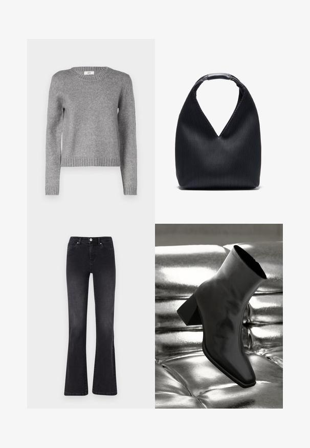 Pull en tricot gris avec un col rond et des manches longues. Présente un ourlet et des poignets côtelés ; texture douce, parfaite pour le superposition.; Jeans évasés noirs en denim, dotés d'une fermeture à bouton, de cinq poches et d'un léger délavage. Détails cousus le long des coutures.; Botte noire à la cheville en matériau brillant avec un bout carré et un talon effilé, sur un fond argenté brillant et capitonné.; Sac hobo noir avec un design texturé et plissé, présentant une ouverture en V et une poignée arrondie. Fabriqué à partir d'un matériau lisse et durable.