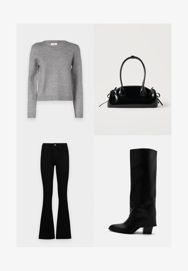 Pull en tricot gris avec un col rond et des manches longues. Présente un ourlet et des poignets côtelés ; texture douce, parfaite pour le superposition.; Jean noir taille haute avec fermeture à bouton et à zip, poches avant et jambes évasées, posés à plat sur un fond blanc.; Botte haute en cuir noir avec couture inclinée, bout pointu et talon épais de taille moyenne sur fond blanc.; Petit sac à main noir brillant avec deux longues anses et des détails à cordon sur les côtés sur un fond clair uni.