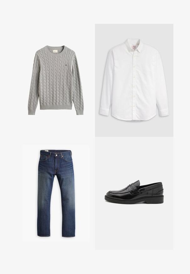 Lysegrå kabelstrikket sweater med lange ærmer, ribstrikkede manchetter og kant, rund halsudskæring og lille broderet logo på brystet.; Hvid skjorte med knapper, lavet af bomuld, med lange ærmer, krave og en buet kant. Har gule knapper og diskret branding.; Mørkeblå denim jeans med lige ben design, der har en klassisk fem-lomme stil, metalknaplukning og synlige stikninger.; Sorte læder loafers med en glat finish, rund tå, lav hæl og dekorativ syning langs forsiden. Gummisål for godt greb.