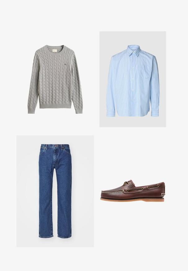 Jersey de punto trenzado gris claro con mangas largas, puños y bajo de canalé, cuello redondo y pequeño logo bordado en el pecho.; Camisa de manga larga con botones, de rayas verticales en azul claro y blanco, con cuello y bolsillo en el pecho izquierdo, mostrada sobre un fondo liso.; Jeans de denim azul de pierna recta con botón frontal, cremallera, lazos para cinturón y diseño de cinco bolsillos sobre un fondo blanco liso.; Zapato náutico de cuero marrón con costuras blancas, detalles de cordones y suela de goma color coñac, mostrado de lado sobre un fondo blanco.