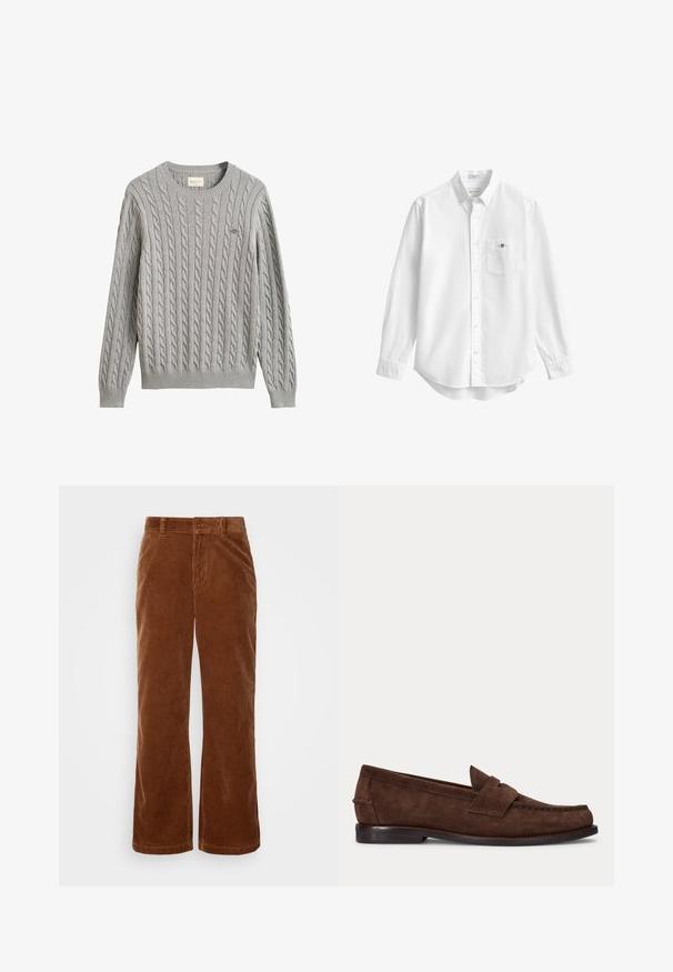 Lysegrå kabelstrikket sweater med lange ærmer, ribstrikkede manchetter og kant, rund halsudskæring og lille broderet logo på brystet.; Hvid langærmet skjorte med krave og brystlomme med et lille broderet logo.; Brune fløjl bukser med et bredbenet design, der har vertikalt ribbet tekstur, en knaplukning og standard bælteløkker.; Brun ruskind penny loafer med lav hæl og synlig syning langs tåen, siden og bagpå, vist på ensartet lys baggrund.