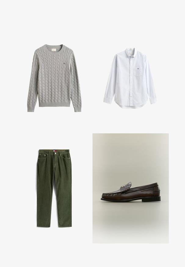 Jersey de punto trenzado gris claro con mangas largas, puños y bajo de canalé, cuello redondo y pequeño logo bordado en el pecho.; Camisa de manga larga color azul claro hecha de algodón. Cuenta con un bolsillo en el pecho izquierdo y un cuello clásico con un pequeño detalle de marca.; Pantalones de pana verde de corte recto, con textura de pana ancha, cinco bolsillos y remaches de metal en los bolsillos y la cinturilla.; Mocasín de cuero marrón oscuro con tacón bajo negro, costuras de mocasín y una correa decorativa en la parte superior.