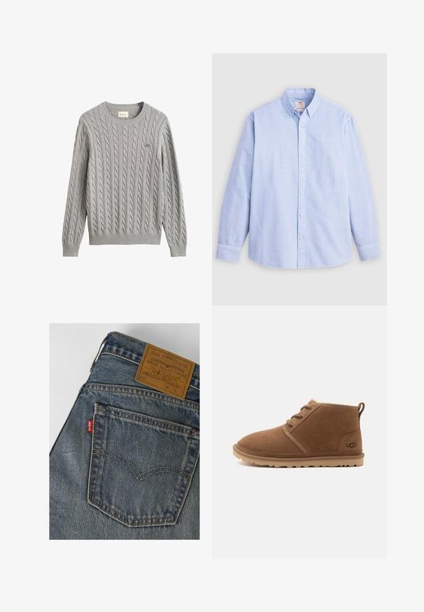 Jersey de punto trenzado gris claro con mangas largas, puños y bajo de canalé, cuello redondo y pequeño logo bordado en el pecho.; Camisa de botones de manga larga en azul claro hecha de algodón, con un cuello clásico y un discreto bordado de la marca en el lado izquierdo del pecho.; Bolsillo trasero de vaqueros Levi's azul denim con costuras amarillas y una etiqueta de cuero marrón de Levi Strauss & Co. en la cintura.; Bota de ante marrón hasta el tobillo con cordones, suela de goma, lengüeta en el talón y logo de UGG en el lateral, mostrada desde el lado exterior sobre fondo blanco.