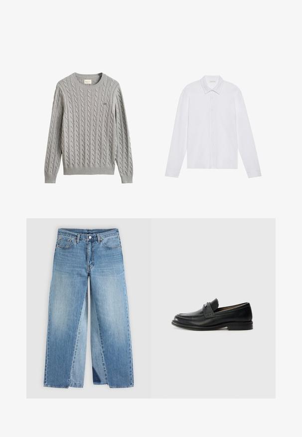 Jersey de punto trenzado gris claro con mangas largas, puños y bajo de canalé, cuello redondo y pequeño logo bordado en el pecho.; Camisa blanca de manga larga con cuello puntiagudo, cierre frontal de botones y puños redondeados, que presenta una textura de tela suave y lisa.; Vaqueros de mezclilla azul con pierna recta, diseño clásico de cinco bolsillos y cierre frontal con botones, mostrados planos sobre un fondo neutro.; Mocasines de cuero negro con un acabado suave, que presentan una banda superior texturizada, tacón bajo y detalles de costura mínimos.