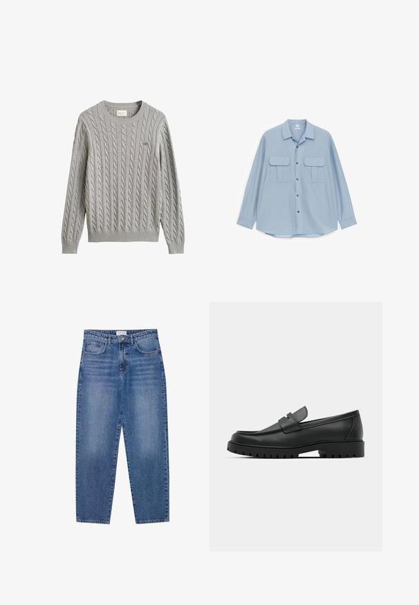 Jersey de punto trenzado gris claro con mangas largas, puños y bajo de canalé, cuello redondo y pequeño logo bordado en el pecho.; ARKET Camisa - dusty blue; Vaqueros de mezclilla azul con un diseño de cintura alta y pierna recta, en acabado desgastado. Presenta cinco bolsillos y un cierre de botón.; Mocasines de cuero negro con punta redonda, que cuentan con un diseño cosido, suela de plataforma baja y una suela de goma texturada y con tacos.