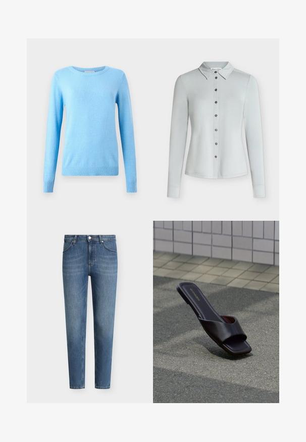 Pull tricoté bleu clair avec un col rond, des manches longues et des poignets côtelés. Texture douce, style ajusté et confection sans coutures.; Chemise gris clair à manches longues, boutonnée, avec col, sept boutons foncés sur le devant et ourlet droit.; Jean en denim bleu clair avec une coupe droite, style cinq poches, passants pour ceinture et fermeture à bouton unique à la taille.; Sandale slide marron foncé à bout carré et large bride, posée sur un goudron gris près d'un trottoir carrelé.