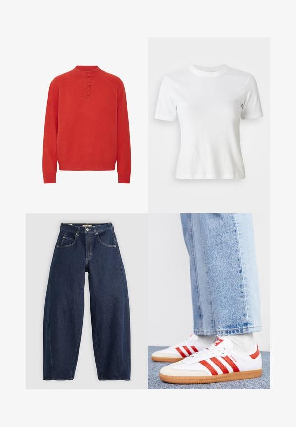 ICHI IHDASILA LONG SLEEVE - Pullover - fiery red; T-shirt blance à manches courtes en côte, avec un col rond et un petit logo sur la poitrine. Fabriqué en tissu doux avec une coupe ajustée.; Jean en denim bleu foncé, à coupe ample, avec des coutures claires, cinq poches et un bouton de fermeture à la taille.; Baskets en cuir blanc avec des rayures et des accents rouges. Dotées d'une semelle extérieure en gomme texturée et d'un col rembourré. Portées avec un jean en denim bleu clair.