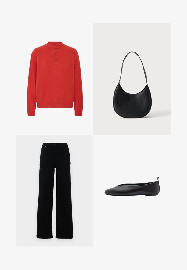 ICHI IHDASILA LONG SLEEVE - Pullover - fiery red; Jeans noirs taille haute au design droit, en denim. Caractéristiques : passants de ceinture, poches avant et détail de bouton.; Ballerine plate en cuir noir avec un bout arrondi, un design élégant, une semelle mince et une petite boucle à l'arrière pour un enfilage facile. Texture lisse sur toute la surface.; Sac à épaule en cuir noir en forme de croissant avec une bandoulière unique et un nom de marque discrètement embossé sur un fond clair uni.