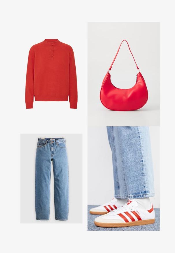 ICHI IHDASILA LONG SLEEVE - Jersey de punto - fiery red; Jeans de mezclilla azul claro con un diseño de pierna recta, cinco bolsillos, cremallera y una textura sutilmente desgastada. Estilo clásico con un hardware mínimo.; Zapatillas de cuero blancas con rayas y detalles rojos. Cuentan con una suela de goma texturizada y un collar acolchado. Llevadas con denim azul claro.; Bolso de hombro de piel sintética roja con forma curvada, correa delgada y cierre de cremallera. Textura suave con detalles de costura visibles.