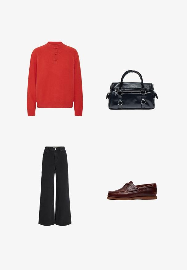 ICHI IHDASILA LONG SLEEVE - Striktrøje - fiery red; Breddebenede sorte denimjeans med fem lomme-design, høj talje og knaplukning. Har diskret syninger og en ren finish.; Brun læder bådsko med snørre, syningsdetaljer og Timberland-logo på siden, vist på en hvid baggrund.; Sort læderhåndtaske med to håndtag, frontlynlåslomme og sølvfarvede metaldetaljer på hvid baggrund.