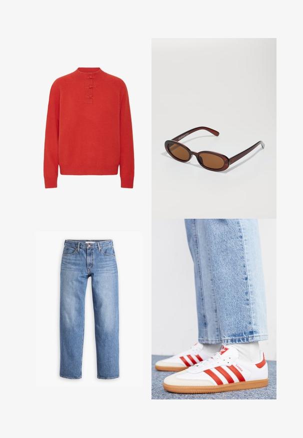 ICHI IHDASILA LONG SLEEVE - Striktrøje - fiery red; Lyseblå denimjeans med lige pasform, fem lommer og lynlåsgylf. Stoffet har en klassisk tekstureret overflade med let falming.; Hvide lædersneakers med røde striber og accenter. Har en tekstureret gummisål og polstret krave. Bæres med lyseblå denim.; Runde, bruntonede solbriller med en glansfuld bordeauxramme. Slanke arme med diskret brandingdetalje. Flad linsedesign.