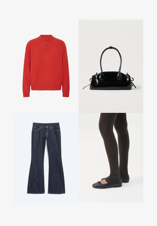 ICHI IHDASILA LONG SLEEVE - Džemper - fiery red; Tumesinised teksapüksid kerge laiendusega alt, esikülje taskud, nööp ja nähtavad õmblused.; Jalad seljas tumedad soonelises soonelises kombines mustade baleriinadega, millel on väikesed paelade detailid valgel taustal.; Väike must läikiv käekott kahe pika sangaga ja külgedel paelakinnitustega, ühel lihtsal helel taustal.