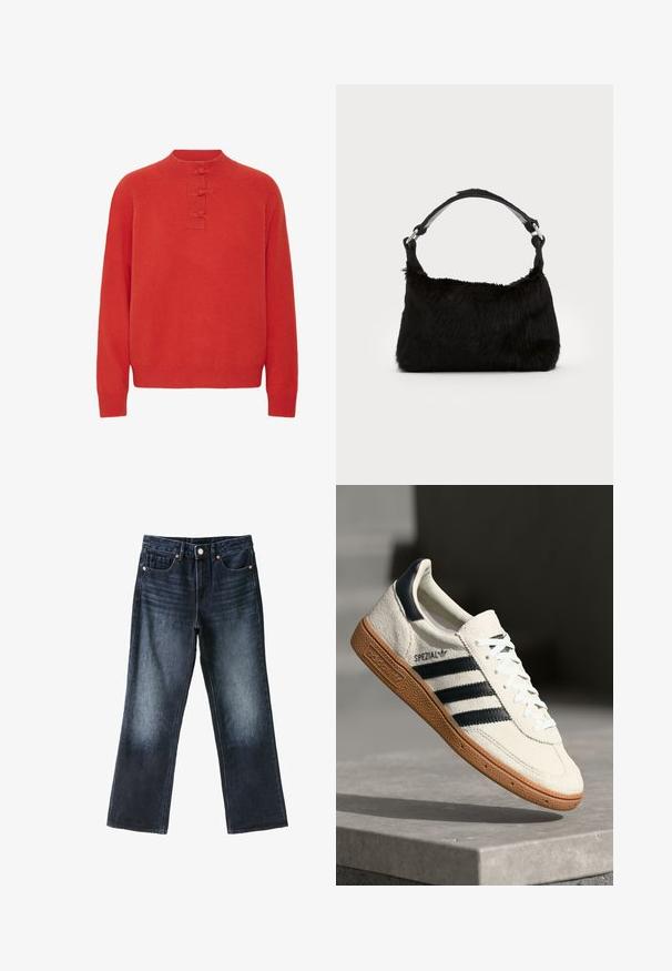 ICHI IHDASILA LONG SLEEVE - Striktrøje - fiery red; Mørkeblå falmede jeans med lige ben, forrest med knap, bæltestropper og fem-lomme-design lagt fladt på hvid baggrund.; Hvide ruskinds sneakers med marineblå striber, gummisål, struktureret overdel, rund tå og snøring; har branding på siden og tungen.; Sort faux fur håndtaske med en blød tekstur, rund form og en robust skulderrem i sort læder. Synlige sølvhardware-detaljer.