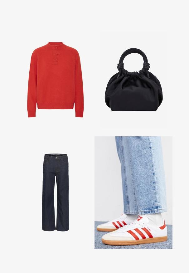 ICHI IHDASILA LONG SLEEVE - Svetrík - fiery red; Tmavomodré široké džínsy s vysokým pásom, ktoré majú päť vreciek, kontrastné šitie a surový lem na spodnej časti.; Biele kožené tenisky s červenými pruhmi a akcentmi. Majú štruktúrovanú gumovú podrážku a polstrovaný golier. Nosené s svetlomodrými džínsami.; Čierna mäkká látková kabelka so zbieraným vrchom a okrúhlymi vyvložkovanými rukoväťami zviazanými uzlami na každej strane.