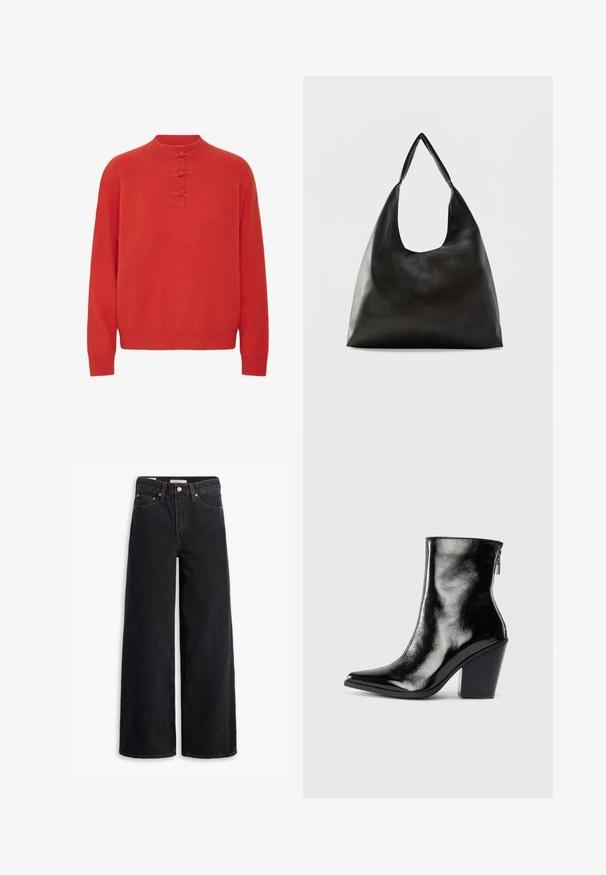 ICHI IHDASILA LONG SLEEVE - Striktrøje - fiery red; Sorte brede benjeans lavet af denim, med fem lommer, kobbernitter og en klassisk knaplukning. Glat tekstur med et rent design.; Sorte læder ankelstøvler med en blank finish, spidse tæer og blokhæle. Har en sidezipper for nem på- og aftagning.; Sort skuldertaske i glat læder med en bred, enkelt strop og et afslappet, minimalistisk design mod en ensfarvet baggrund.
