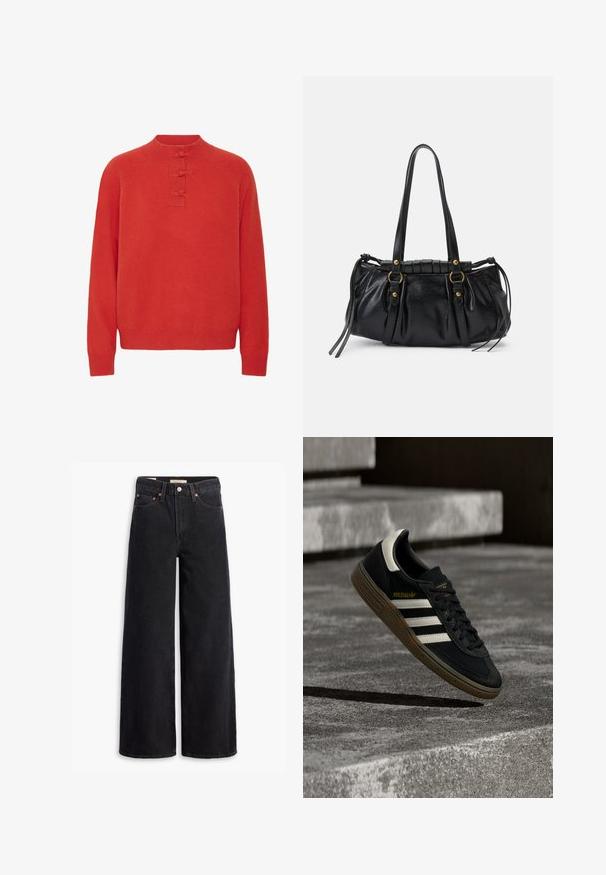 ICHI IHDASILA LONG SLEEVE - Jersey de punto - fiery red; Jeans de pierna ancha negros hechos de denim, con cinco bolsillos, remaches de cobre y un cierre clásico de botón. Textura suave con un diseño limpio.; Zapatilla negra de Adidas con rayas blancas y suela de goma flotando sobre escalones de concreto gris a la luz natural.; Bolso de mano de cuero negro con forma redondeada, asas dobles, acentos de hardware decorativo y detalles de lazo en los laterales. Textura lisa y brillante.