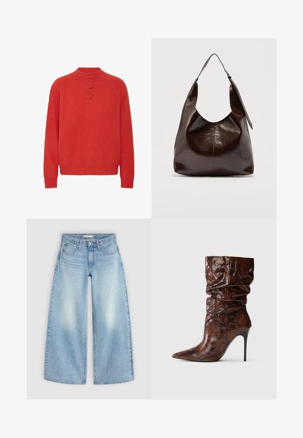 ICHI IHDASILA LONG SLEEVE - Striktrøje - fiery red; Lyseblå højttaljede vidbenede jeans med forlommer, bæltestropper og falmede områder på lårene, lagt fladt på en lys baggrund.; Brun slangeskinds-mønstrede, slouchy læder ankelstøvler med spids tå og højt slankt sort stiletthæl på hvid baggrund.; Mørkebrunt, skinnende læder skuldertaske med en enkelt bred rem og spændedetalje på den ene side, sat mod en ensartet lys baggrund.