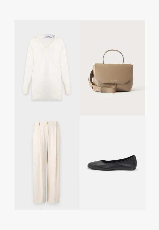 Pull blanc à manches longues avec col en V, poignets et ourlet côtelés, présenté sur un fond clair uni.; Pantalon beige à jambes larges en tissu lisse, doté d'une fermeture à un seul bouton, de poches latérales et d'une coupe décontractée pour un port confortable.; Ballerines en cuir noir avec un bout rond, texture lisse, détails de couture minimalistes et design de semelle flexible.; Sac à main structuré beige avec poignée supérieure et bandoulière réglable, nom de marque embossé sur le rabat avant, matière en cuir texturé.