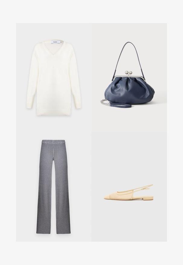 Pull blanc à manches longues avec col en V, poignets et ourlet côtelés, présenté sur un fond clair uni.; Pantalons à jambes larges avec un motif à rayures sombres comportant des lignes verticales en gris, bleu marine et blanc. Taille élastique et texture douce.; Chaussure plate slingback en beige clair avec une tige en maille, un bout pointu et un petit talon. Dotée d'une sangle ajustable pour un bon maintien.; Sac à main en cuir bleu marine doux avec fermeture à boucle argentée, une seule bandoulière, et une chaîne de poignet amovible sur fond blanc.