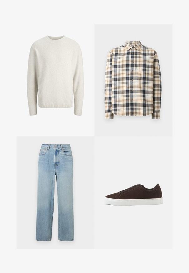 Effen crèmekleurige trui met lange mouwen, een ronde hals en geribbelde manchetten en zoom.; Geplaid blouse in crèmekleur, marineblauw en bruin. Katoenen stof, lange mouwen, puntige kraag, en houten knopen langs de voorkant.; Lichtblauwe, rechte denim jeans met hoge taille, voorzien van vijf zakken en subtiele vervaging. Ongemaaide zoom en contrasterende stikseldetails.; Donkerbruine suede lage sneaker met bijpassende veters en dikke witte rubberen zool, zijaanzicht op een effen achtergrond.
