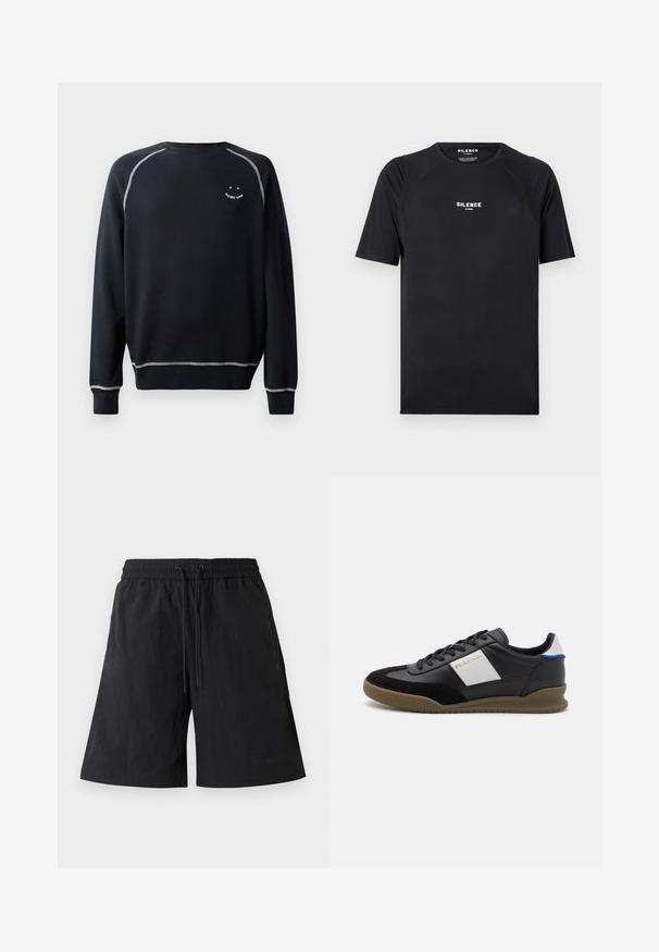 Zwarte sweatshirt met een ronde hals, lange mouwen en contrasterende witte stiksels. Heeft een kleine grafische afbeelding op de borst. Zachte stofstructuur.; Zwarte t-shirt met korte mouwen van soepel materiaal, met een ronde hals en een wit "SILENCE" logo op de borst.; Zwarte shorts van lichtgewicht stof met een gestructureerd oppervlak, voorzien van een elastische tailleband en trektouwtjes voor een verstelbare pasvorm.; Zwarte leren en suède sneakers met een grijze paneel, een bruine rubberen zool en een blauwe accent op de hiel. Voorzien van veters en een reliëflogo.