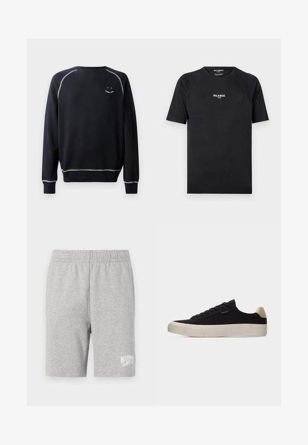 Zwarte sweatshirt met een ronde hals, lange mouwen en contrasterende witte stiksels. Heeft een kleine grafische afbeelding op de borst. Zachte stofstructuur.; Zwarte t-shirt met korte mouwen van soepel materiaal, met een ronde hals en een wit "SILENCE" logo op de borst.; Grijze katoenen shorts met een elastische tailleband en een wit logo aan de onderzijde rechts. Zachte textuur, knielange pasvorm.; Zwarte lage sneaker met beige hielstuk, dikke witte rubberen zool, zwarte veters en een klein "PS Paul Smith" label aan de zijkant.
