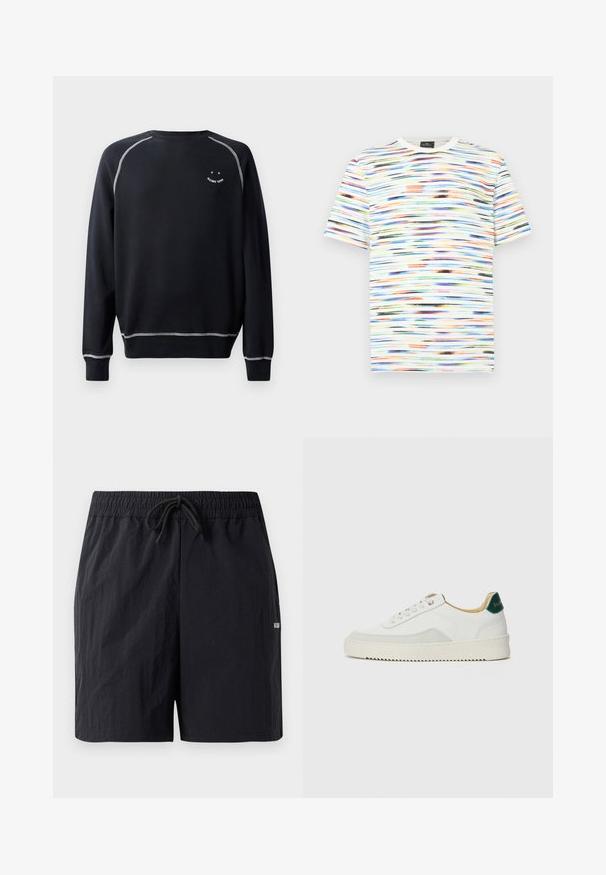 Zwarte sweatshirt met een ronde hals, lange mouwen en contrasterende witte stiksels. Heeft een kleine grafische afbeelding op de borst. Zachte stofstructuur.; Meerjarige T-shirt met horizontale penseelstreekpatronen in tinten blauw, oranje, groen en zwart op een witte achtergrond. Korte mouwen.; Zwarte zwembaden met een textuurstof, voorzien van een elastische tailleband met trekkoord en een klein logo aan de zijkant.; Witte sneaker met suède accenten, ronde neus, platte veters en een crème rubberen zool. Bevat groene branding op de hiel.