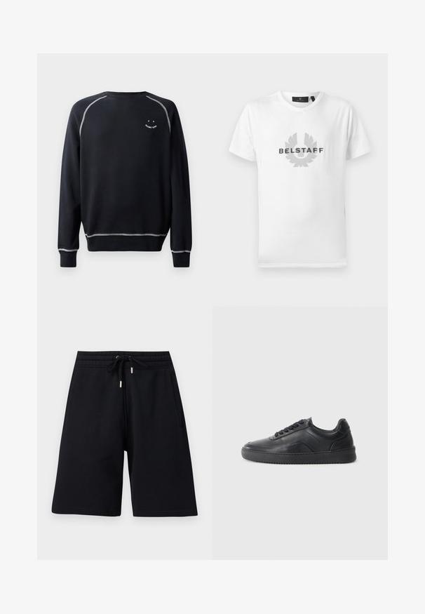 Zwarte sweatshirt met een ronde hals, lange mouwen en contrasterende witte stiksels. Heeft een kleine grafische afbeelding op de borst. Zachte stofstructuur.; Wit T-shirt met korte mouwen en ronde hals, met een grijs Belstaff-logo en embleem gecentreerd op de borst.; Zwarte knielange shorts met elastische tailleband en trekkoord, voorzien van zijzakken en een relaxte pasvorm.; Zwarte leren sneaker met een gladde afwerking, ronde neus, textuurpaneel aan de zijkant en zwarte veters. Voorzien van een platte rubberen zool en een minimalistisch ontwerp.