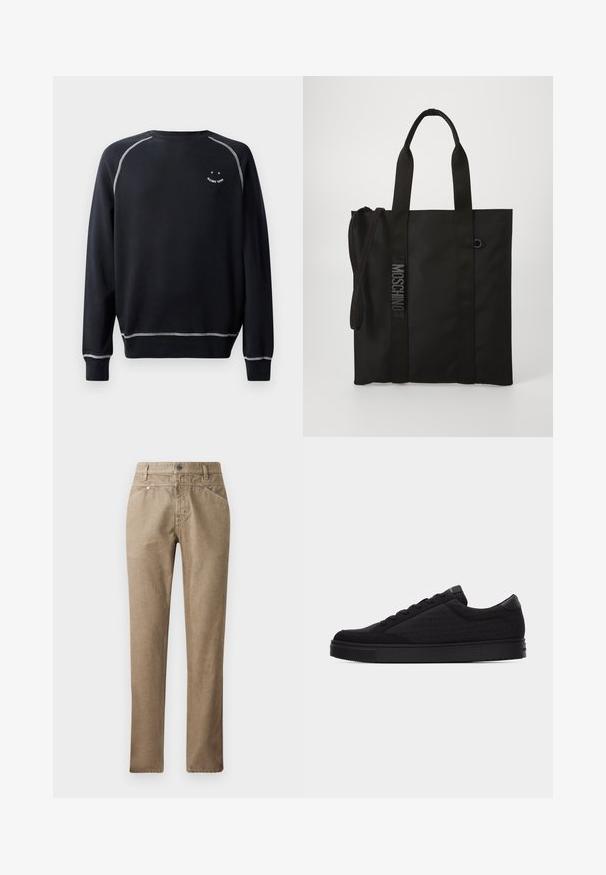 Zwarte sweatshirt met een ronde hals, lange mouwen en contrasterende witte stiksels. Heeft een kleine grafische afbeelding op de borst. Zachte stofstructuur.; Rechttailige beige broeken met voorzakken, riemlussen en een knoopsluiting tegen een effen witte achtergrond.; Zwarte lage sneaker met tonale logo-print, vetersluiting en platte zool tegen een effen lichte achtergrond.; Zwarte draagtas gemaakt van duurzaam materiaal met korte handvatten en een verstelbare schouderriem. Voorzien van een geperst logo langs de riem.