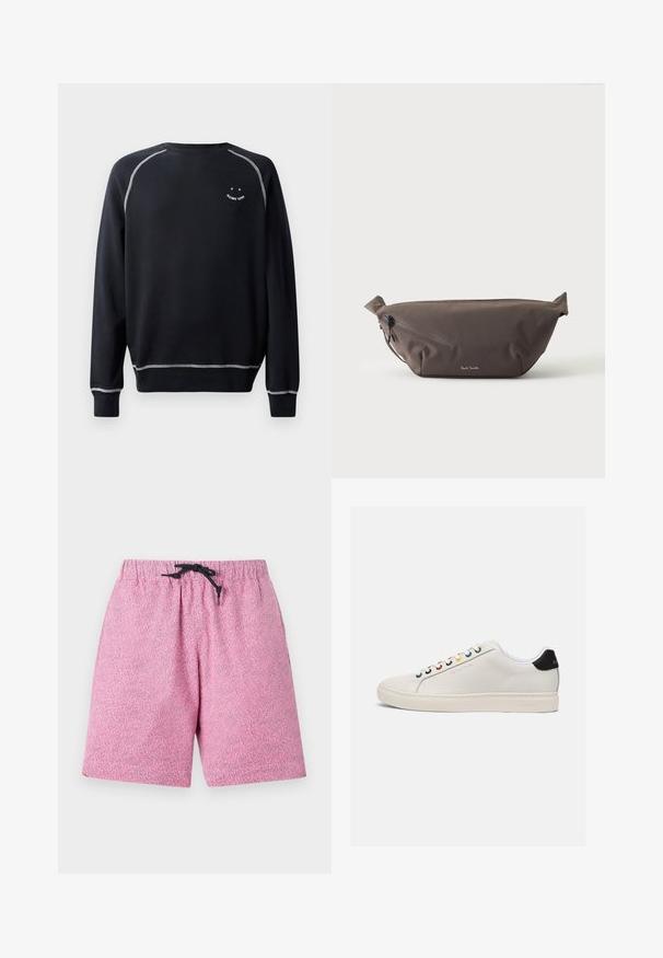 Schwarzer Sweatshirt mit Rundhalsausschnitt, langen Ärmeln und kontrastierenden weißen Nähten. Beinhaltet ein kleines Grafikdesign auf der Brust. Weiche Stofftextur.; Rosa gemusterte Badeshorts mit einem elastischen Bund und schwarzem Kordelzug. Das Material scheint leicht und mit einer strukturierten Oberfläche versehen zu sein.; Weiße Leder Sneaker mit leicht abgerundetem Zeh, flacher Sohle, mehrfarbigen Ösen, schwarzer Ferse und geprägt Logo an der Seite.; Dunkelbraune Stoff-Gürteltasche mit diagonalem Reißverschlussfach und kleinem weißen Logo vorne, vor einem einfarbigen hellen Hintergrund.