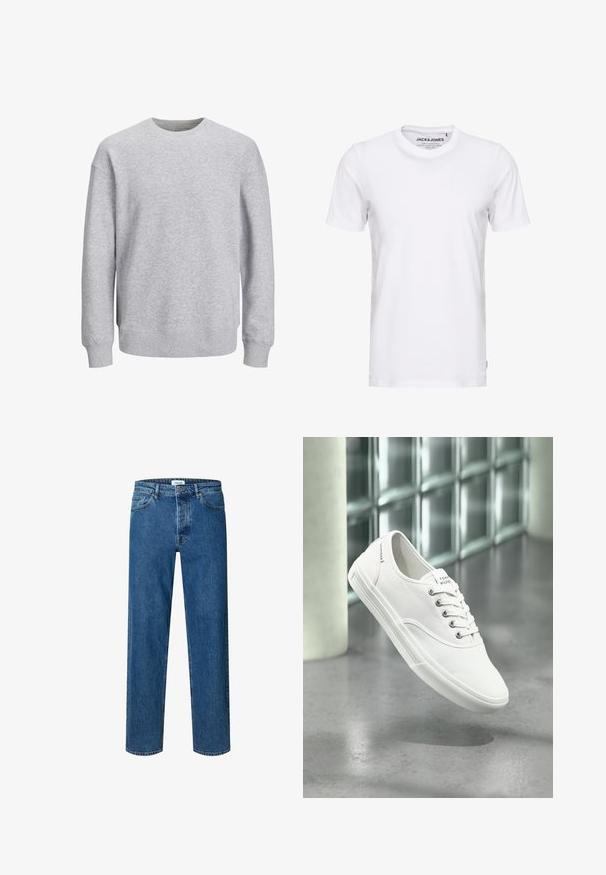 Sweatshirt gris avec un col rond, des manches longues et des poignets et un ourlet côtelés. Fabriqué dans un tissu doux, il présente une coupe décontractée sans motifs ni accents.; T-shirt blanc à manches courtes en coton, avec un col rond et un design simple. Étiquette de marque visible au niveau du cou. Aucun motif ni accent.; Jean droit bleu en denim avec fermeture par bouton et fermeture éclair, passants de ceinture et design cinq poches.; Baskets basses blanches en toile avec lacets, étiquetées Tommy Hilfiger, montrées flottant au-dessus d’un sol gris lisse près d’un mur en briques de verre.