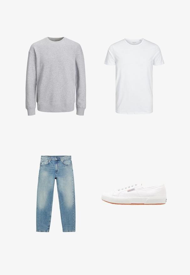 Sweatshirt gris avec un col rond, des manches longues et des poignets et un ourlet côtelés. Fabriqué dans un tissu doux, il présente une coupe décontractée sans motifs ni accents.; T-shirt à col rond à manches courtes de couleur blanche unie, fabriqué en coton doux, avec un design simple sans motifs ni accents visibles.; Jean droit en denim bleu avec poches avant et passants de ceinture, présentant des détails légèrement décolorés sur les cuisses et les genoux.; Baskets en toile blanches avec une semelle en caoutchouc, design à lacets et une petite étiquette logo sur le côté. Tige blanche texturée et semelle extérieure marron.