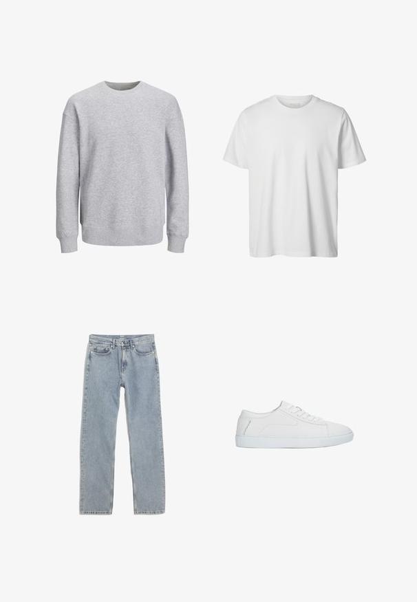 Sweatshirt gris avec un col rond, des manches longues et des poignets et un ourlet côtelés. Fabriqué dans un tissu doux, il présente une coupe décontractée sans motifs ni accents.; T-shirt blanc uni à manches courtes, col rond, coupe décontractée, sans logos ni motifs visibles à l'avant.; Jean droites bleu clair en denim, avec cinq poches, des coutures dorées et une taille avec passants de ceinture.; Baskets basses blanches avec lacets, dessus en cuir lisse et semelle en caoutchouc plate, vues de côté sur fond blanc.