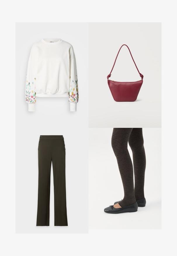Sweat-shirt blanc à manches longues avec broderie florale multicolore sur les manches. Col et poignets côtelés. Texture de tissu douce.; Pantalon vert foncé taille haute à jambes droites, avec des boutons noirs de chaque côté de la ceinture.; Jambes portant des leggings côtelés foncés associés à des ballerines noires avec de petits détails en nœud sur fond blanc.; Petit sac à bandoulière en cuir marron foncé avec bandoulière nouée et fermeture éclair supérieure, sur un fond clair uni.