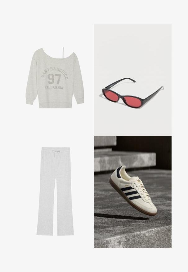 Even&Odd by Zalando Sweatshirt - mottled light grey; Even&Odd by Zalando Træningsbukser - hellgrau; Hvid Adidas Samba sneaker med sorte striber og gummsål, svævende over teksturerede grå betonstrin.; Sorte ovale solbriller med tynde arme og rødtonede linser, der ligger på en hvid overflade.