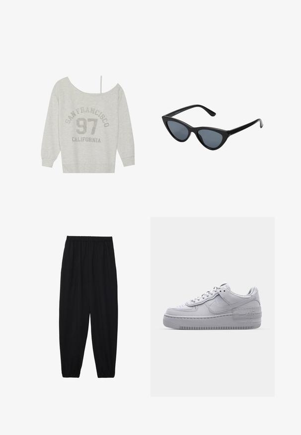 Even&Odd by Zalando Sweatshirt - mottled light grey; Pantalons noirs légers avec une taille élastique et des chevilles froncées. Le tissu est lisse et présente un design décontracté et fuselé.; Basket en cuir lisse gris Nike Air Force 1 avec un bout perforé, une semelle épaisse et un détail 'AIR' en relief sur le talon.; Lunettes de soleil noires en forme d'œil de chat avec des verres gris foncé, monture en plastique élégante, coins pointus et branches droites. Pas de métal visible ni d'accents.
