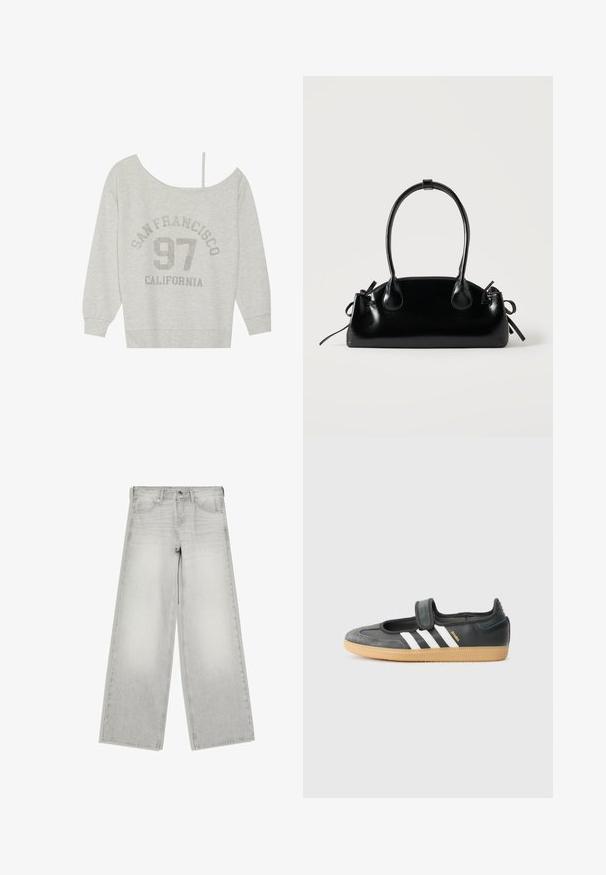 Even&Odd by Zalando Sweatshirt - mottled light grey; Lysegrå jeans med vide ben, knap- og lynlås-lukning, forlommer og bæltestropper, vist fladt på en hvid baggrund.; Sort læder- og ruskinds sneakers med en Velcro-rem, der har tre hvide striber og en gummisål, mærket "SAMBA" på siden.; Lille sort blank håndtaske med to lange håndtag og snøre-detaljer i siden på en ensfarvet lys baggrund.