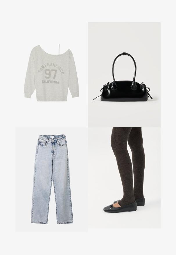 Even&Odd by Zalando Sweatshirt - mottled light grey; Jean droit bleu clair en denim, doté de deux poches avant, d'une fermeture à bouton et de coutures contrastées le long des coutures.; Jambes portant des leggings côtelés foncés associés à des ballerines noires avec de petits détails en nœud sur fond blanc.; Petit sac à main noir brillant avec deux longues anses et des détails à cordon sur les côtés sur un fond clair uni.