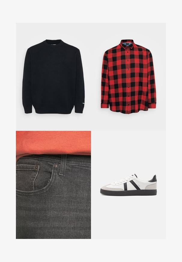 Zwarte gebreide crewneck trui met lange mouwen en geribbelde manchetten en onderrand, weergegeven op een effen lichte achtergrond.; Rood en zwart geruiten overhemd met lange mouwen, van katoen, met een knoopsluiting en een zwarte kraag, voorzien van een groot geruit patroon en een afgeronde zoom.; Donkergrijze denim jeans hebben een voorzak, kleine metalen klinknagels en een gestructureerde afwerking. Het materiaal lijkt zacht met een lichte glans.; Witte sneaker met zwarte en grijze accenten, voorzien van een grijze neus met textuur, zwarte rubberen zool en platte witte veters. Schoon ontwerp, minimalistische stijl.