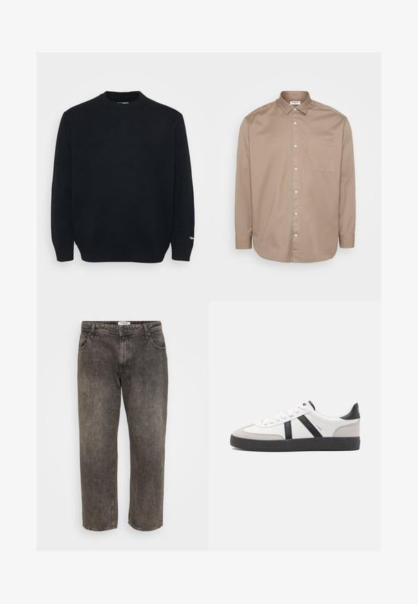 Sort strikket crewneck sweater med lange ærmer og ribbede manchetter og kant, præsenteret på en ensfarvet lys baggrund.; Længærmet skjorte i tan med knapper, krave, enkelt brystlomme og subtil tekstur. Fremstillet af letvægtsstof og med hvide knapper.; Sorte falmede jeans med lige ben, foran knap- og lynlås-lukning, forlommer og bæltestropper.; Hvide sneakers med sorte og grå detaljer, med en tekstureret grå tåhætte, sort gummisål og flade hvide snørebånd. Rent design, minimalistisk stil.