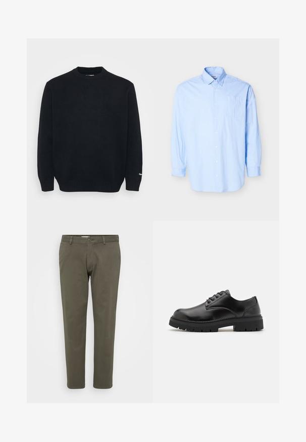 Sort strikket crewneck sweater med lange ærmer og ribbede manchetter og kant, præsenteret på en ensfarvet lys baggrund.; Lyseblå langærmet skjorte med knapper, spids krave og brystlomme, vist på en ensfarvet hvid baggrund.; Olivenfarvede bukser lavet af en bomuldsblanding. Lige ben design med flad front, knaplukning og bæltestropper. Glat tekstur.; Sorte lædersko med rund tå, snørelukning og en tykk, struktureret gummisål. Har syninger langs kanten og en glat overflade.