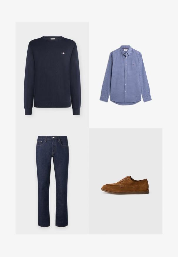 Pull bleu marine à manches longues avec col rond, petit logo blanc et rouge sur la poitrine gauche, poignets et ourlet côtelés.; Chemise à petits carreaux bleus et blancs, manches longues, boutonnée, col boutonné et petit logo sur la poitrine.; Jean droit en denim bleu foncé avec cinq poches et coutures orange visibles, fermeture à bouton à la taille.; Chaussure en daim marron avec un bout arrondi, des coutures décoratives et six œillets de lacets contrastants. Semelle plate et design minimaliste.