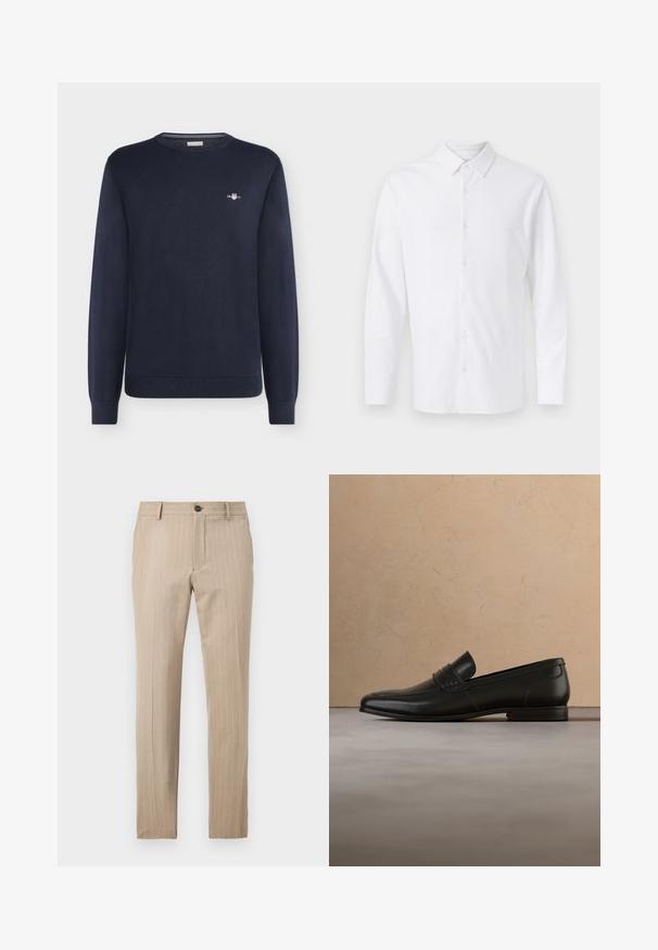 Pull bleu marine à manches longues avec col rond, petit logo blanc et rouge sur la poitrine gauche, poignets et ourlet côtelés.; Chemise blanche à manches longues avec col pointu, boutons sur le devant et un logo brodé subtil sur le côté gauche de la poitrine.; Pantalon beige à fines rayures, coupe slim, avec ceinture, passants pour ceinture, fermeture par bouton et poches latérales sur fond blanc.; Mocassin en cuir noir présenté en lévitation au-dessus d'un tapis beige avec un canapé beige en arrière-plan.